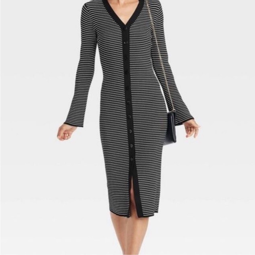 a new day Black and White Striped Long-Sleeve Button Dress *NEW*